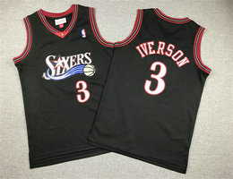 Youth Philadelphia 76ers #3 Allen Iverson Black Hardwood Classics Authentic Stitched NBA Jersey