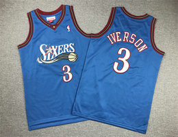 Youth Philadelphia 76ers #3 Allen Iverson Throwback Blue Authentic Stitched NBA jersey