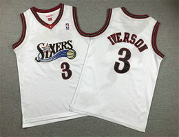 Youth Philadelphia 76ers #3 Allen Iverson White Hardwood Classics Authentic Stitched NBA Jersey