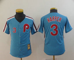 Youth Philadelphia Phillies #3 Bryce Harper Blue Throwback Game Authentic Stitched MLB Jersey