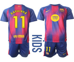 kids 2025-26 Barcelona #11 RAPHINHA home Soccer Club Jersey